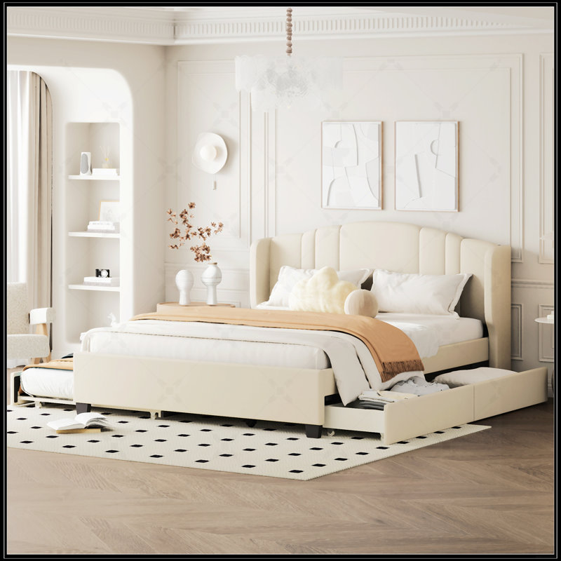 Upholstered Platform Bed With Wingback Headboard, Beige