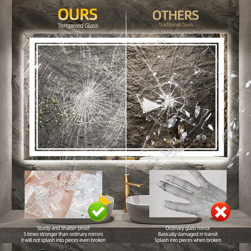 High brightness intelligent defog dimmable memory function LED bathroom mirror easy to install, 72.1" x 39.8"