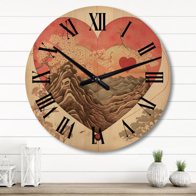 Vintage Heart Mountain Landscape I - Japon Woman Oversized Wood Wall Clock
