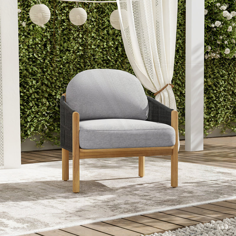 Fauteuil club d'extérieur en bois, Coussin gris / cadre gris foncé