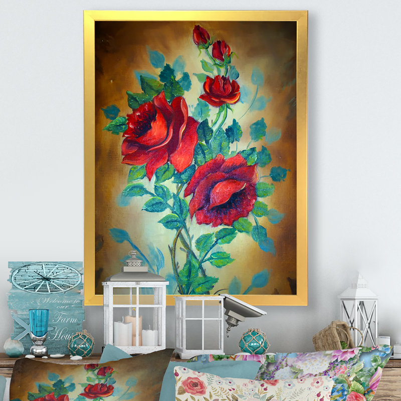Trois roses rouges sauvages - art mural traditionnel sur toile, H 36 po x l 24 po x P 1 po, Cadre photo doré