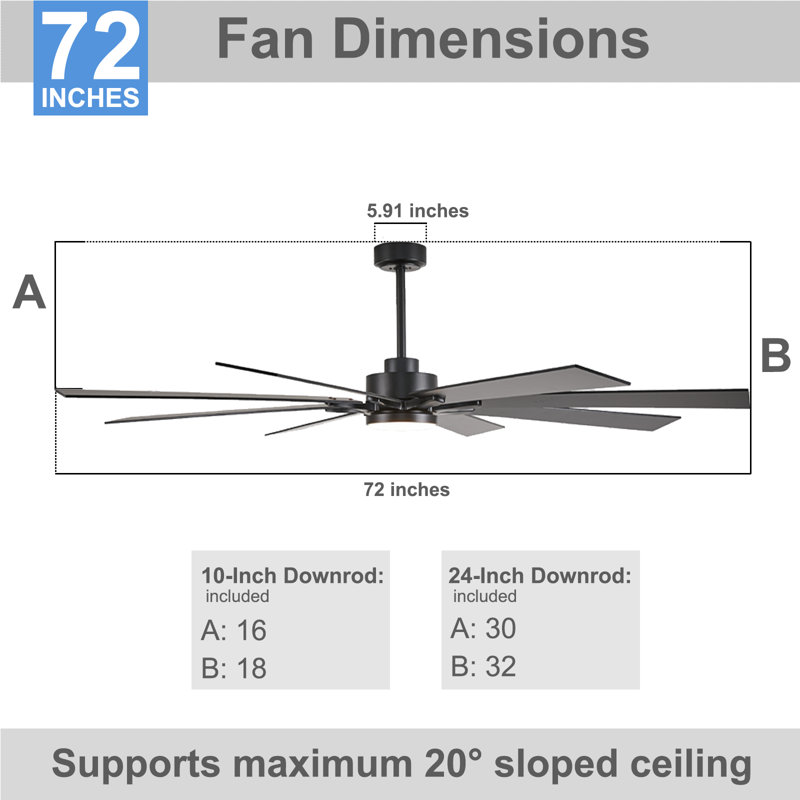 Liosbel Industrial Dc Motor Ceiling Fan With Light,Large Ceiling Fan With 8 Reversible Blades,2 Downrods,6-speed Remote Control,Home Or Commercial Ceiling Fans for Porch/Garage/Shop