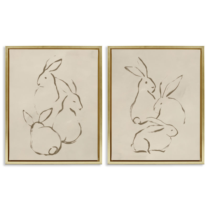 «Earthtone Sitting Rabbits S Croquis», ensemble de 2 toiles flottantes encadrées par June Erica Vess, H 21 po x l 17 po