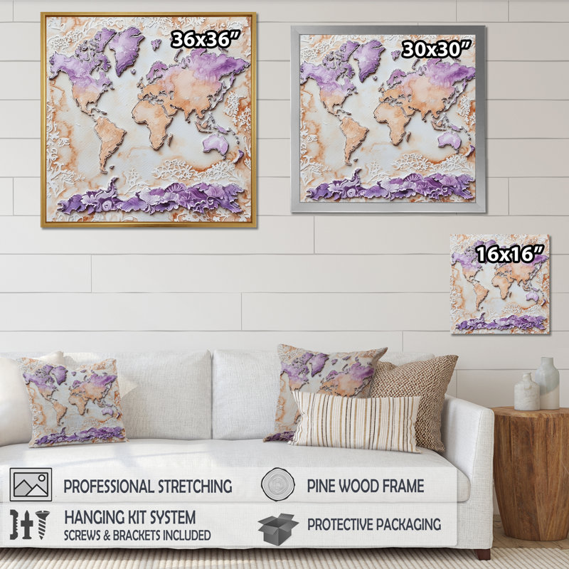 Décoration murale carte du monde lavande II - carte du monde, Reproduction encadrée d'une seule photo sans pass, Noir