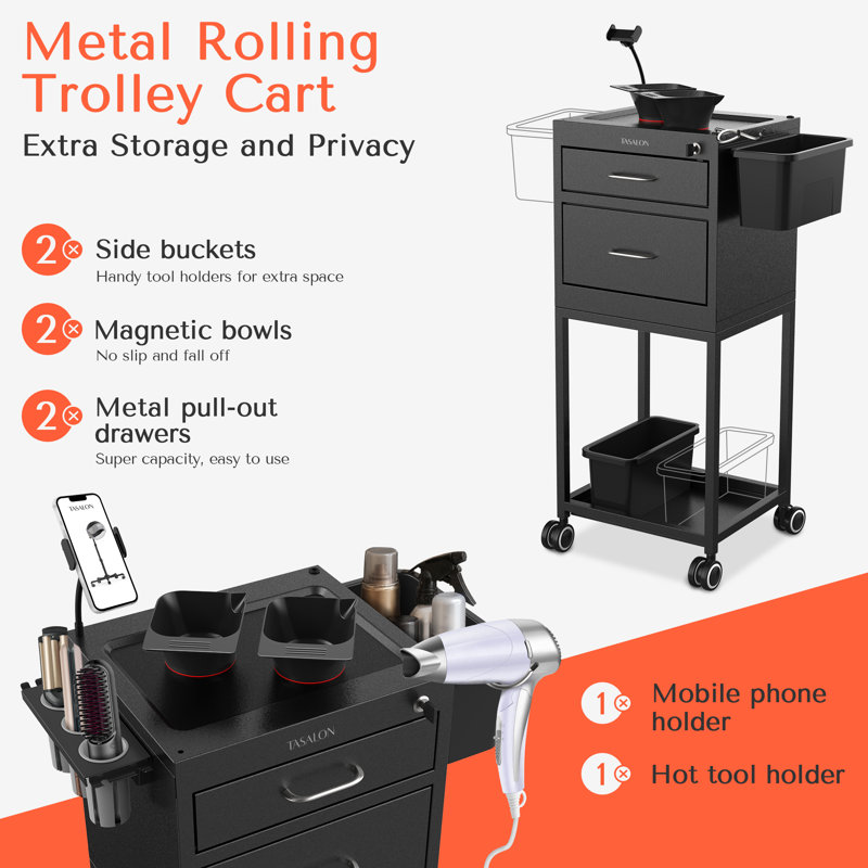 TASALON Multifunctional Utility Cart with Lockable Drawer, Black