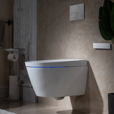 Toilette allongée murale intelligente à double chasse intelligente avec fonction de lavage de bidet, chasse d'eau automatique, siège chauffant et sécheuse