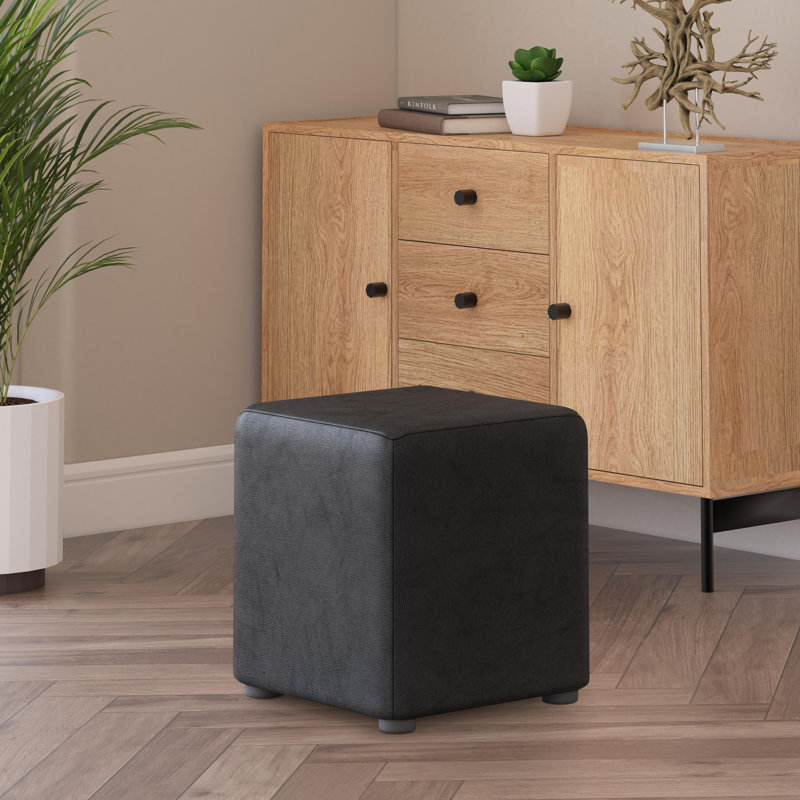 Manufactured Wood Accent Stool, Italian Leather, Black