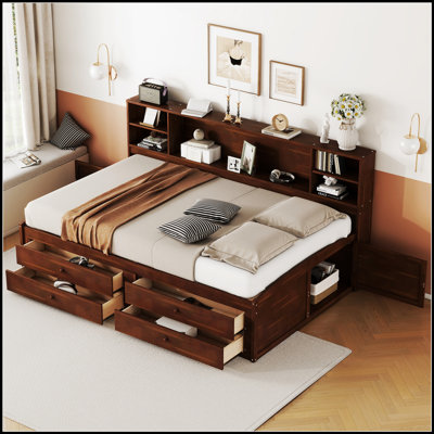 Captain Bed with Built-in Storage Shelves, 4 Drawers and 2 Cabinets for Organized and Stylish Bedrooms