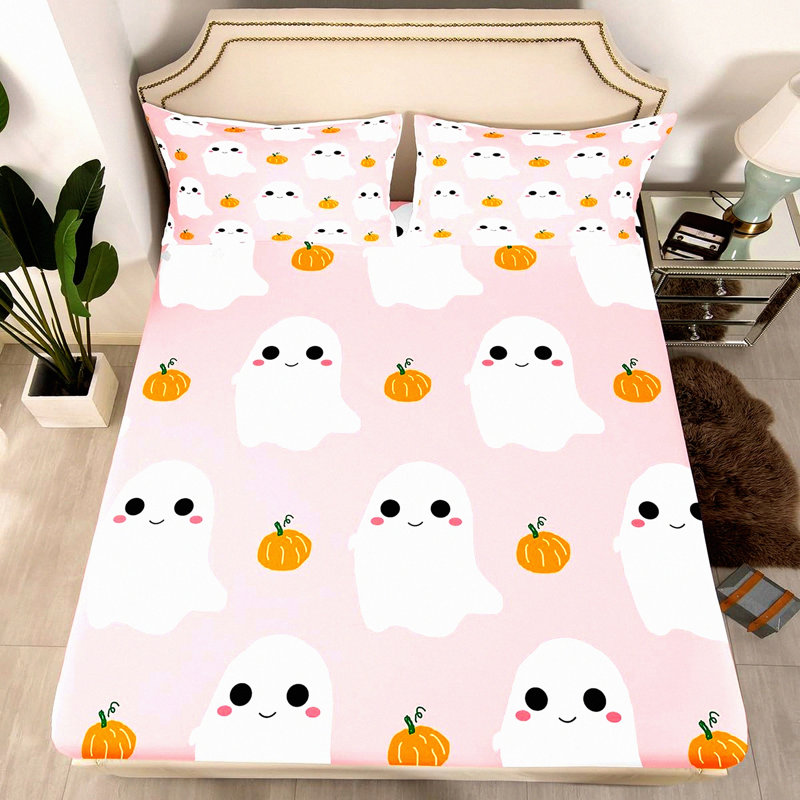 Pumpkin Patch Dreams Bed Sheet Set - Watercolor Hand Drawn Print Microfiber Bedding with Cartoon Ghost Fitted Sheet - 3 Piece Full Size Set