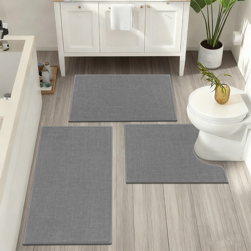 3 Piece Soft Absorbent Microfiber Bath Rug Set With Non-Slip Backing, Beige/Gray