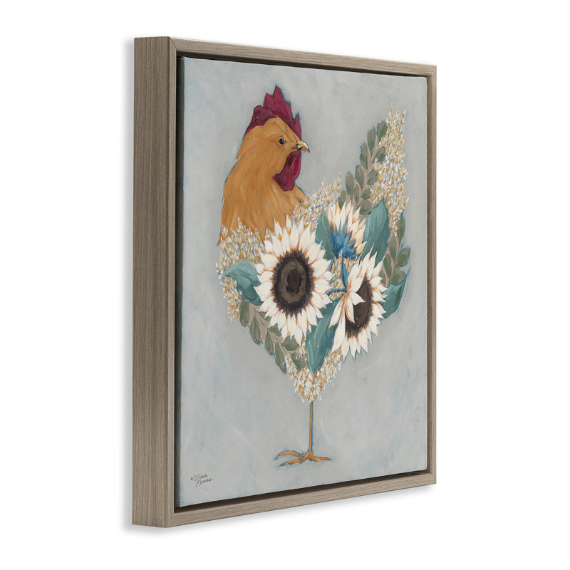 Coq avec des fleurs florales superposées, Cadre flottant orme Montalcino, H 25 po x l 25 po
