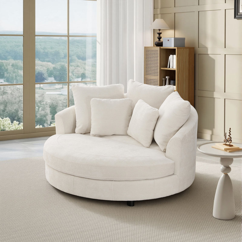 Modern Oversized Barrel Chair, 59.8" W Round Upholstered Club Chair With Pillows, Beige