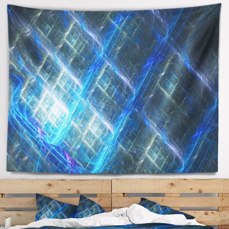 Tapisserie abstraite bleue brillante fractale, H 68 po x l 80 po