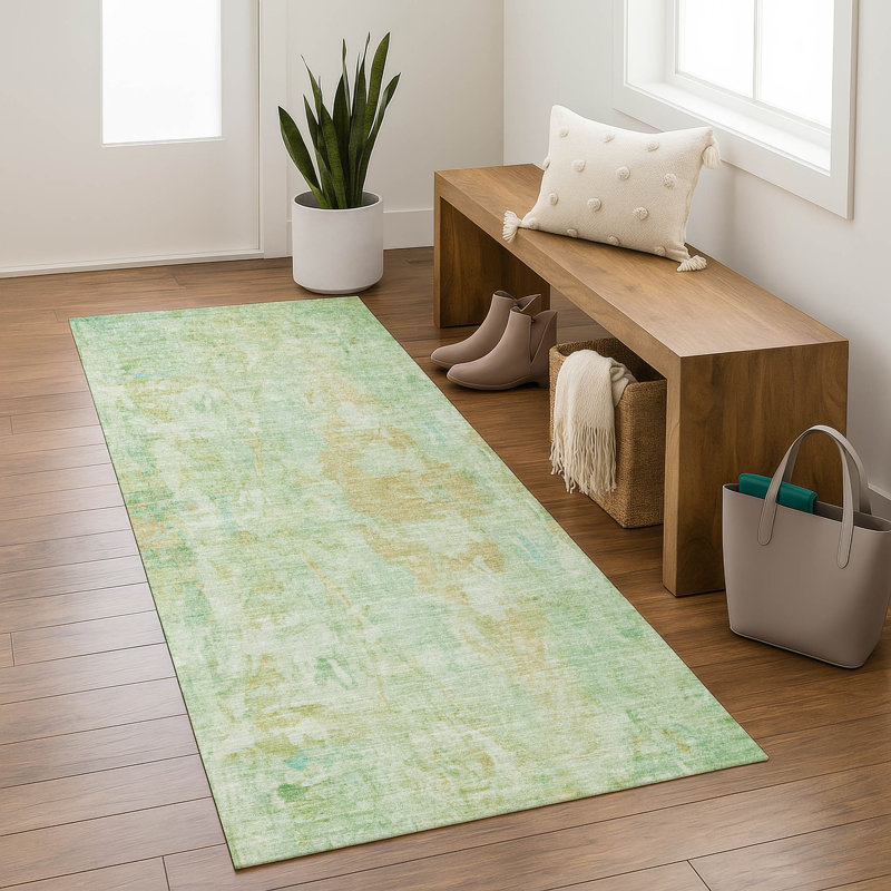 Premium Machine Washable Mayfield AMF2310 Abstract Rug, 2'3" x 7'6" Runner, Basil