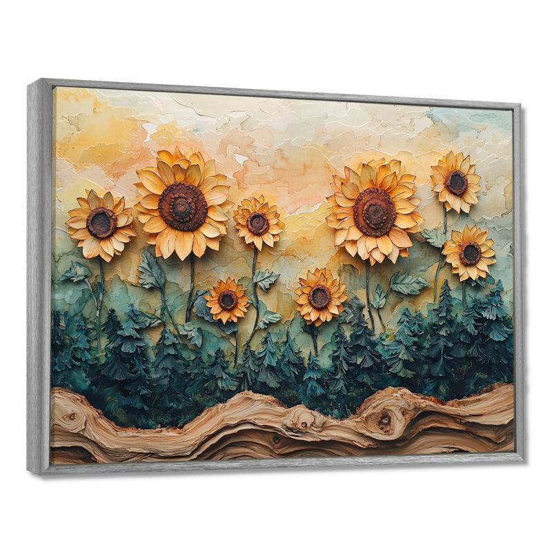 Dirinda tournesols fleurs sur un plateau en bois diapositive I - tournesols, art mural, H 34 po x l 44 po, Argent argent
