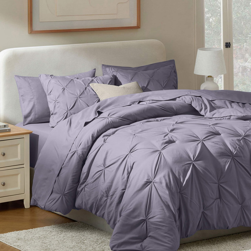 Bed-in-A-Bag Pleated Comforter Set with Bed Sheets, Grayish Purple, Full / Double Comforter + 6 Additional Pieces