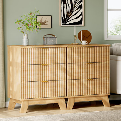 Ensemble de 2 tables de chevet cannelées à 3 tiroirs avec ports de chargement USB, tables de chevet de style Mid-Century moderne, finition chêne naturel