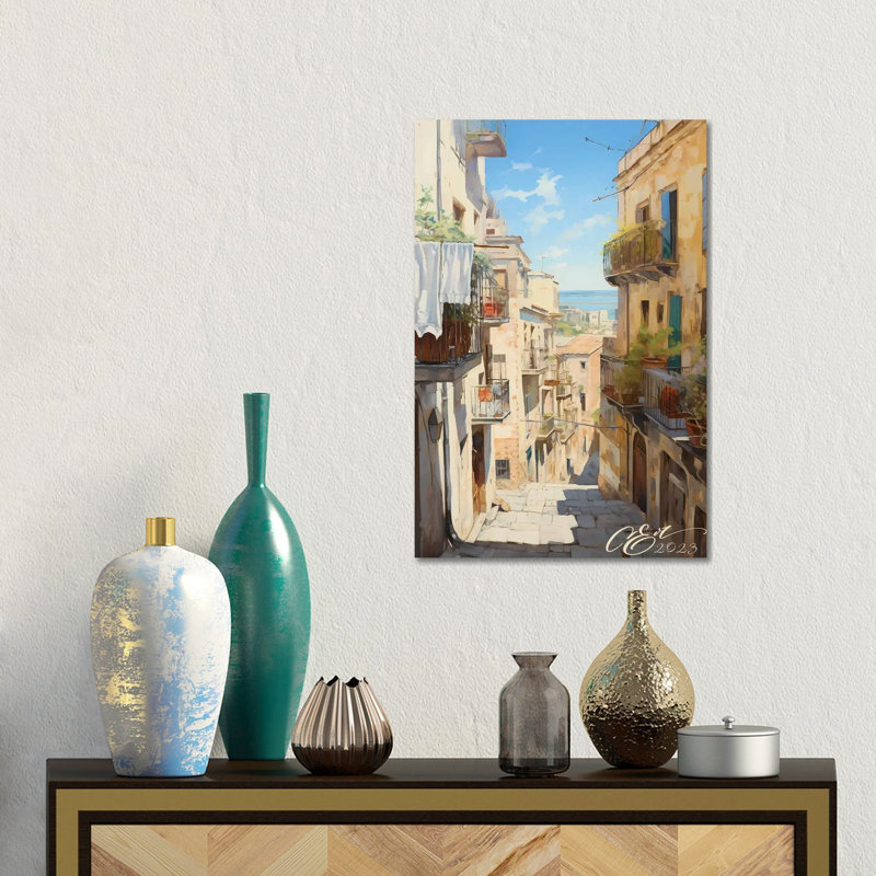 «Sicilian Sunlit Street», reproduction d'art mural, H 18 po x l 12 po, Toile tendue, Ne s’applique pas