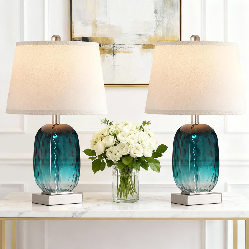 22" Modern Teal Blue Glass Table Lamp Set Of 2 With Usb A+C Ports,Bedside Lamp With Touch Control , 3-Way Dimmable Bedroom Lamps,Bulbs Included