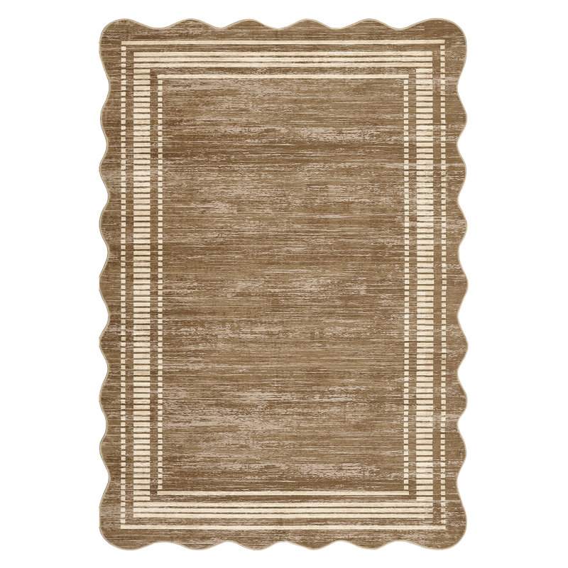 Scalloped Edge Area Rug 5' x 7' Low-Pile Stain-Resistant Fabric Non-Slip Backing Neutral Brown Carpet for Living Room Bedroom and Nursery