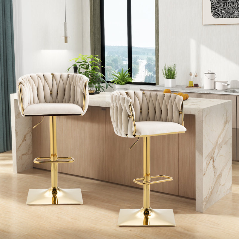 Swivel Adjustable Height Bar Stool with Golden Base, Beige Velvet