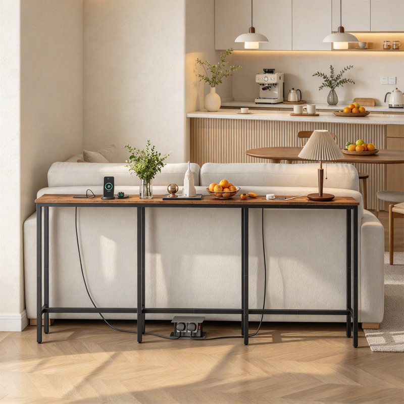 Slim Console Table with 2 Charging Stations, Rustic Brown + Black