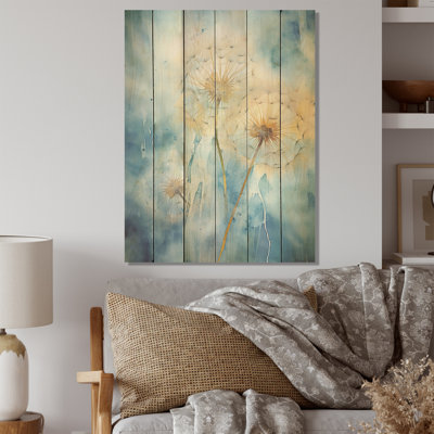 Blue Dandelion Dreams - Art mural en bois de pissenlit sur bois de pin naturel