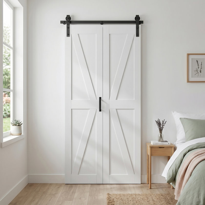 Porte de grange pliable en bois manufacturé de 84 po avec trousse de quincaillerie d'installation, 40 po x 84 po