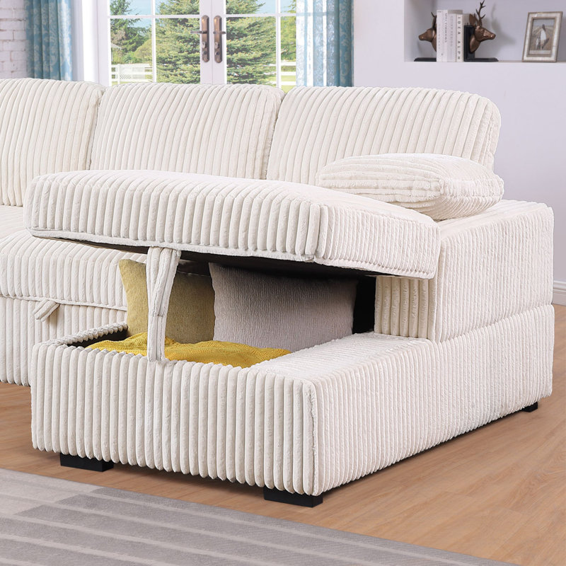 Sleeper Sectional Sofa with Pull-Out Bed, Storage Armrest, Right-Facing Storage Chaise, Beige