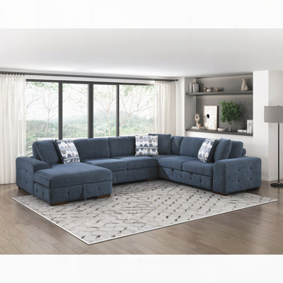 Modern Blue 4-Piece Sectional Sofa Left Chaise Storage Pull out Bed Tufted Chenille Fabric Wood Living Room Furniture