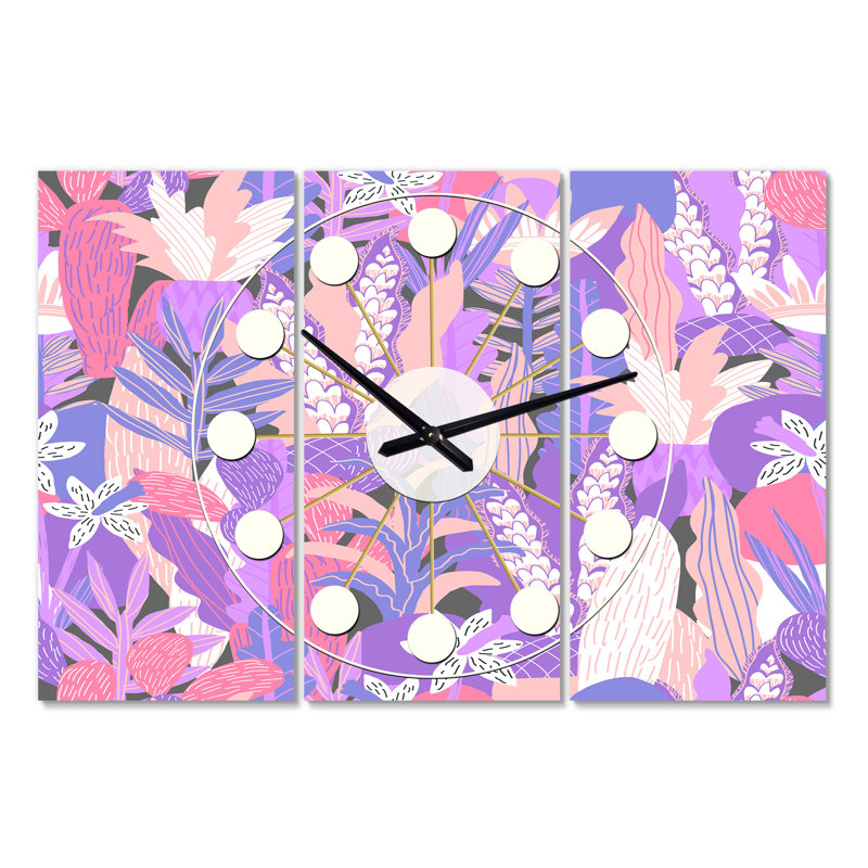 Horloge murale surdimensionnée fleurs imaginaires Mid-Century