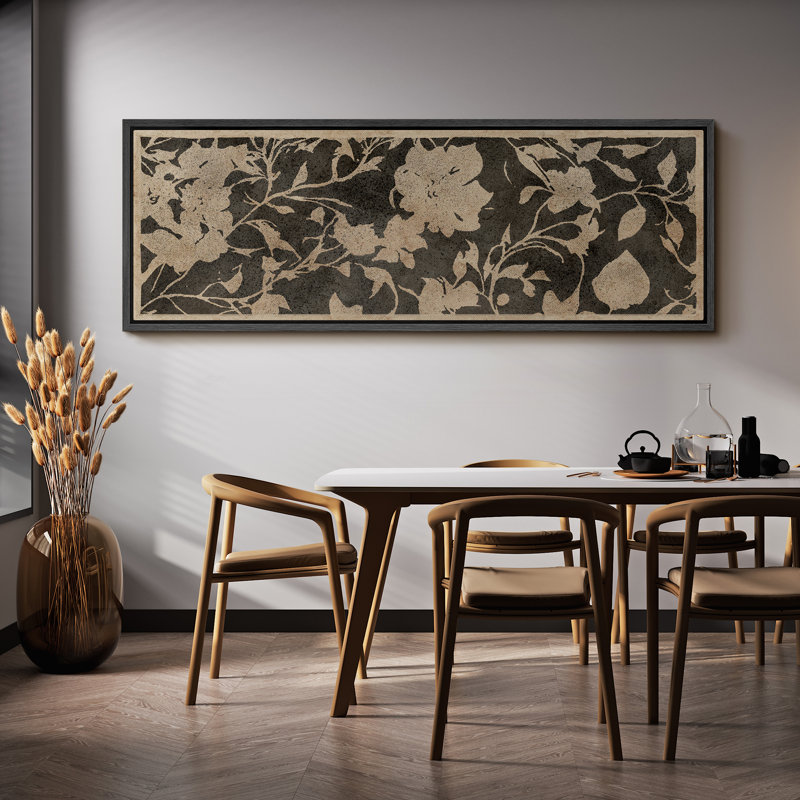 Abstract Botanical Vintage Floral Pattern in Landscape Retro Decor Extra Large Artwork Wall Art, 20" H x 60" W, Black