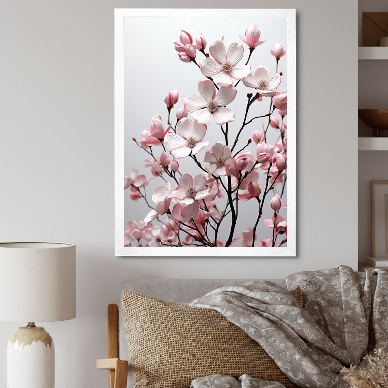 Champ photo rose et blanc cornouiller - décoration murale florale et botanique, H 40 po x l 30 po x P 1,5 po