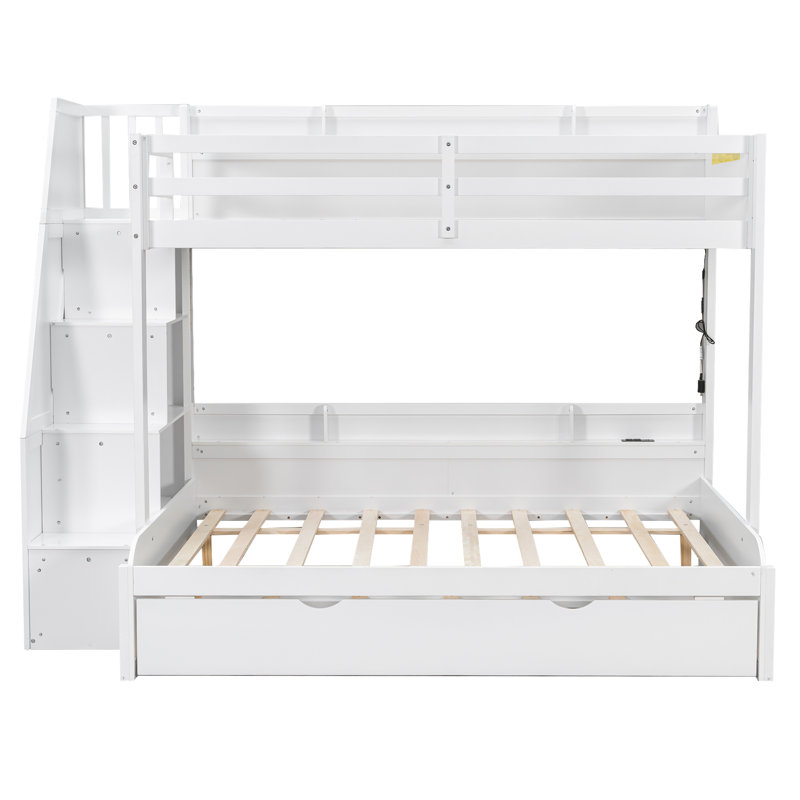 Lit simple superposé au dessus d'un lit double avec escalier de rangement, lit gigogne et tablettes - Lit pour enfant peu encombrant, blanc