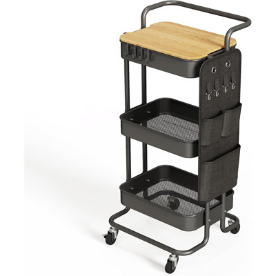 3 Tier Metal Utility Rolling Cart With Table Top And Side Bags, Tray Storage Organizer Wheels, Art Craft 4 Hooks For Kitchen Bathroom Office Living Room (Black)