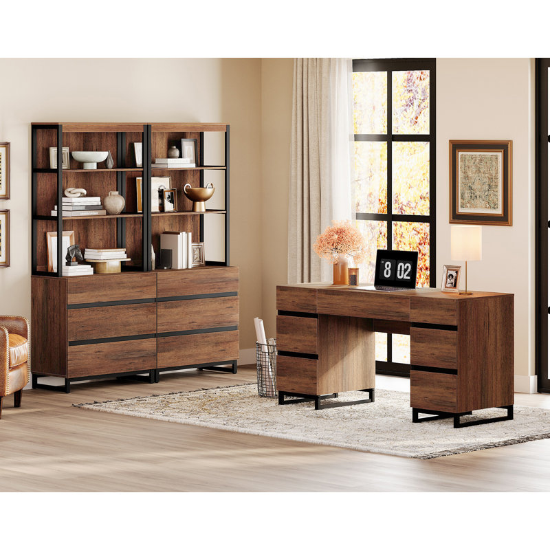 Aadam Home Office Furniture Set: 59In Modern Executive Desk With Charging Station & Drawers And 2 PCS 72In Tall Bookcases With 6 Drawers, Home Office Furniture For Living Room, Bedroom