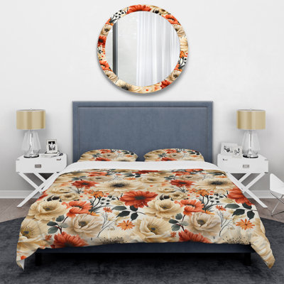 Ensemble de housse de couette rouge et beige à motif de chrysanthèmes