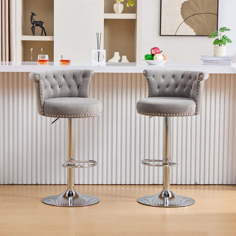 Ensemble de 2 tabourets de bar en velours, Gris