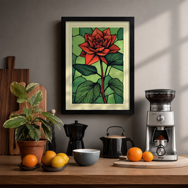 Red Lotus in Green Botanical - Framed Print, Black, A4 - 29.7 x 21.0 cm