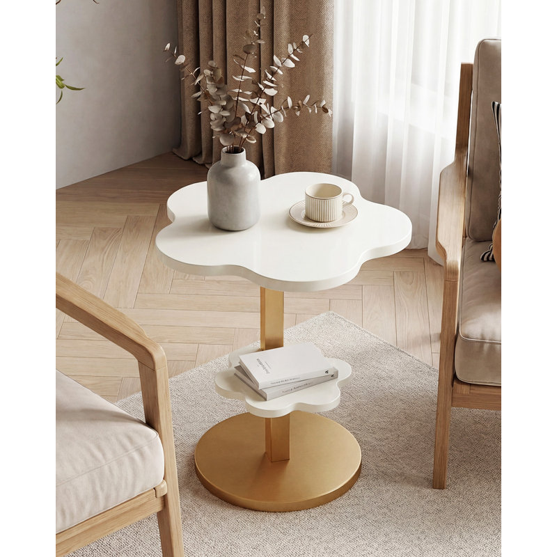 Table de bout, table d'appoint à 2 niveaux, petite table basse en forme de fleur avec structure en métal pour le salon, la chambre à coucher, le chevet ou le coin (blanc et doré)