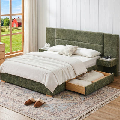 Modern Wide-Panel Upholstered Bed with Nightstands and 2 Drawers, Queen, Turtle Linen