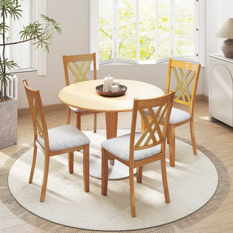 4 chaises de cuisine sans accoudoirs en lin avec structure en bois d'hévéa, 4, Light Grey, Bois naturel