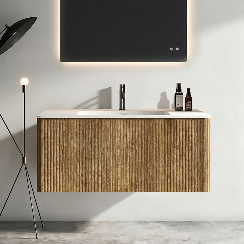 Meuble-lavabo 24 po en noyer rayé avec lavabo à surface solide blanc, meuble-lavabo mural flottant pour salle de bain moderne, pré-assemblé