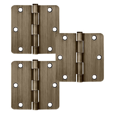 Charnière de porte à roulement simple en acier antique avec tige amovible, 3 1/2 po x 3 1/2 po, rayon de 1/4 po, paquet de 3