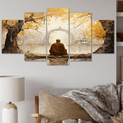 "Bouddha gris et jaune, chemin des lumières I" sur toile, 5 pièces