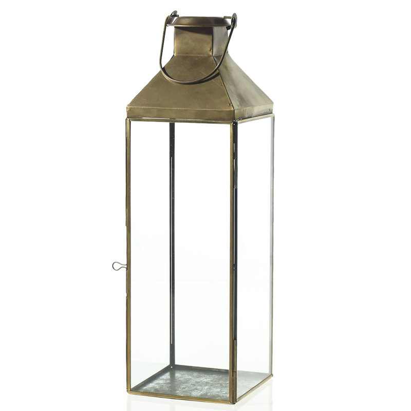 Antique Gold Metal and Glass Hanging Candle Lantern, 18"