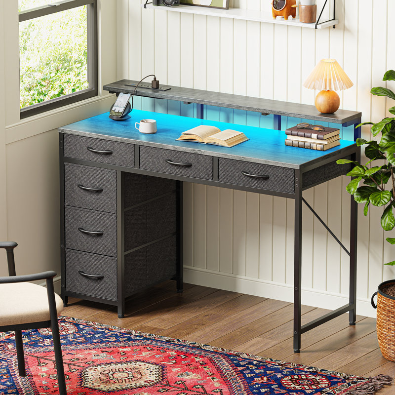 Keldric Rectangle Desk, Computer Desk with Drawers, Gaming Desk with LED Lights, Small Desk with Power Outlets, Writing Desk with Storage, Home Office Desk with Monitor Stand for Study