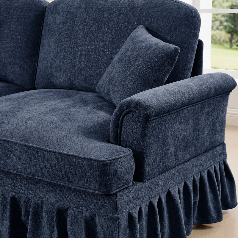Mid-Century 3 chenilles bleues avec jupes plissées à volants, évasées et mobiles - Élégant canapé modulaire fonctionnel et modulaire, 3 pieds à broche amovibles pour des besoins divers