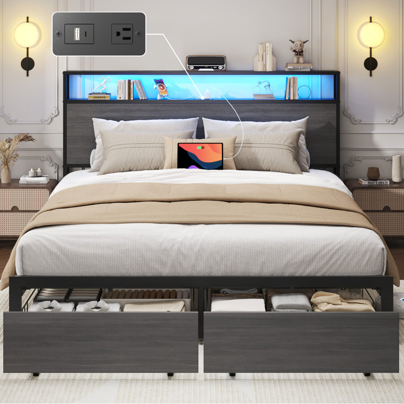 Base de lit grand format avec pied de lit de rangement, Gris rustique