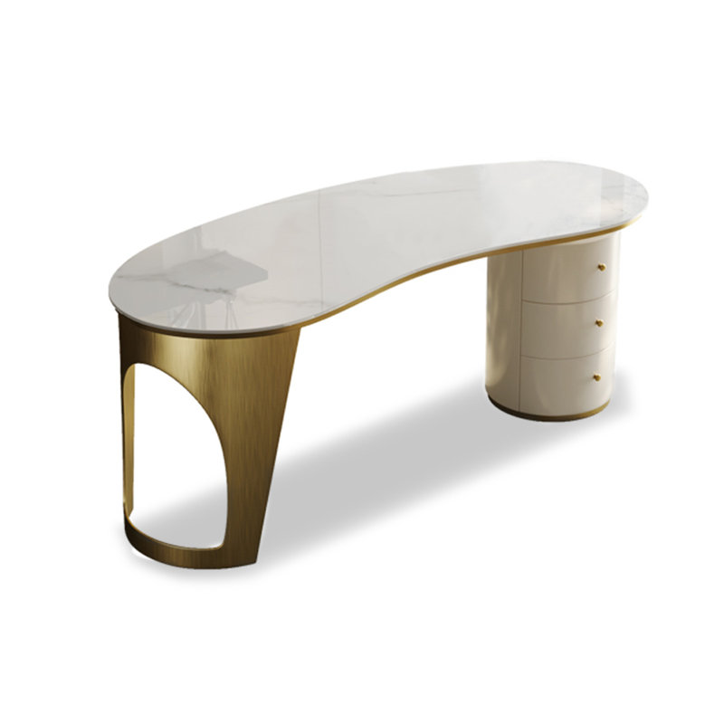 Modern Simple Light Luxury Advanced Multi-Functional Desk, White/Gold, 28.74" H x 55.12" W x 27.56" D